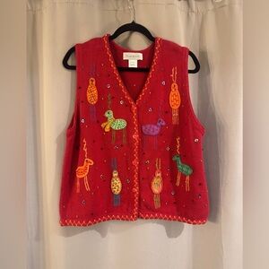Vintage Susan Bristol Red Knit Vest with Colorful Animal Embroidery